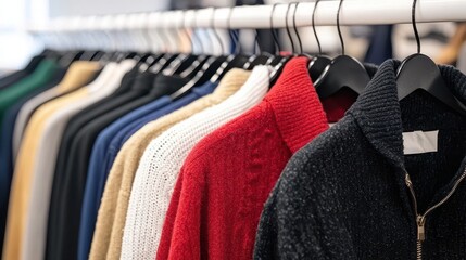 Close Up of Sweaters Hanging on Rack in Retail Store