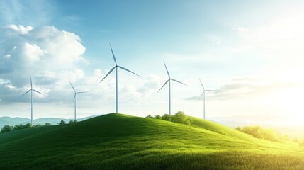 Wind Turbines on Green Hilltop with Blue Sky