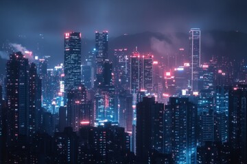 A nighttime cityscape of towering skyscrapers with illuminated windows and neon signs.