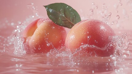 Two Peaches Splashing into Water with a Green Leaf