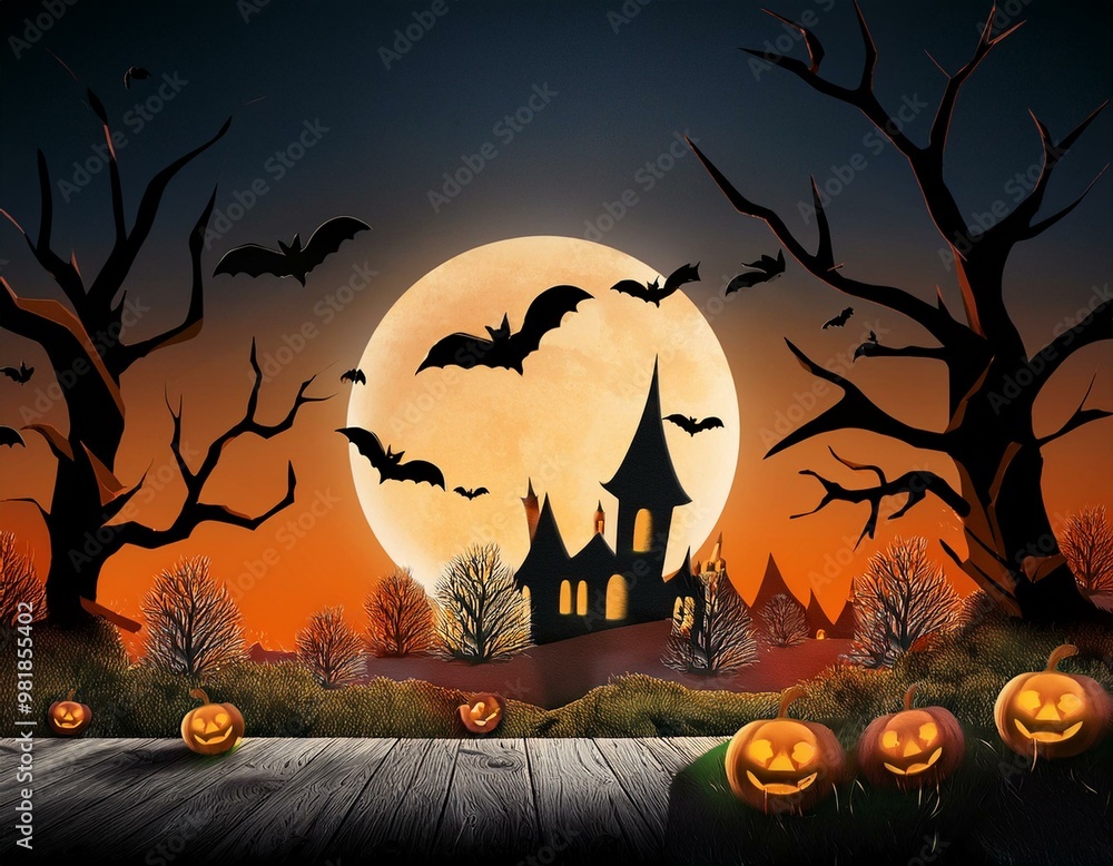 Poster happy halloween banner. background with haunted house bats.