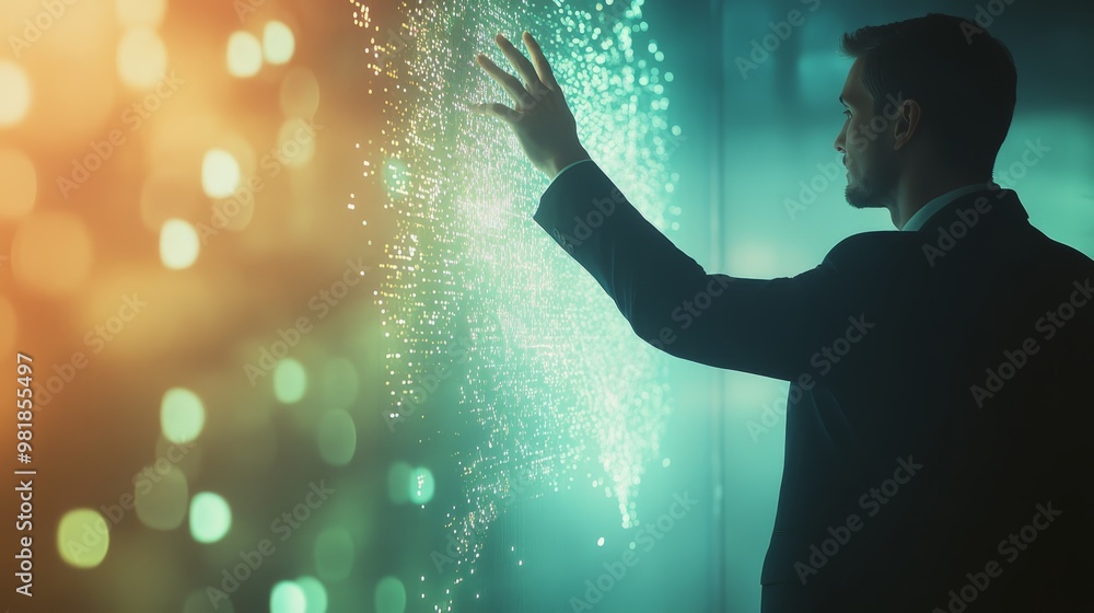 Poster businessman interacting with interactive digital world map