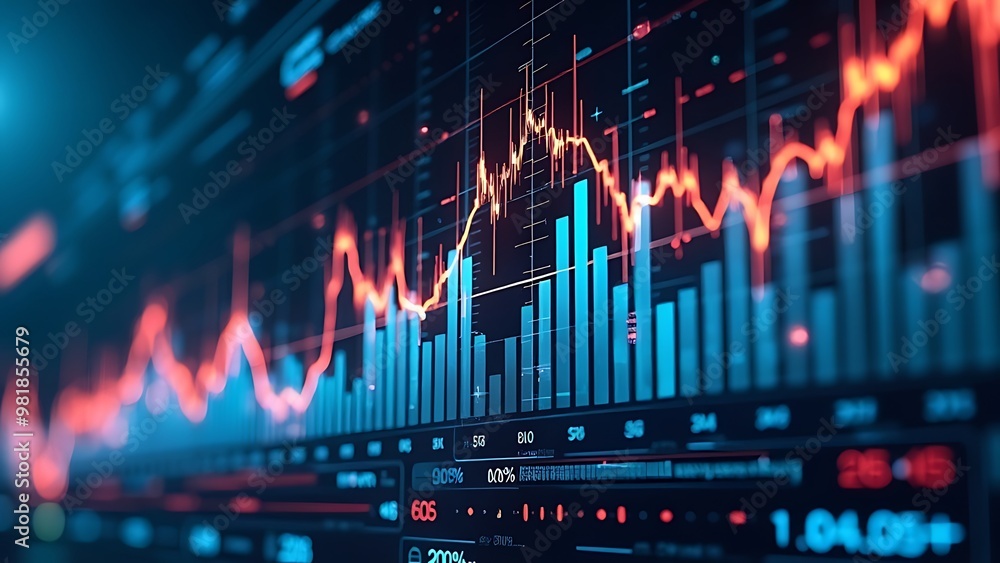 Sticker Stock market growth on digital screen showing bullish trends and financial data. Perfect for illustrating investment, trading, and economic advancement.