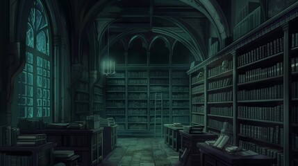 a library at night for halloween theme, anime style, many books on shelves