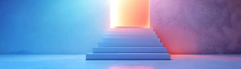 Obraz premium Holographic White Staircase Leading to Glowing Door: Close-Up of Personal Growth Journey Concept, Isolated on White for Self-Improvement Photo Stock