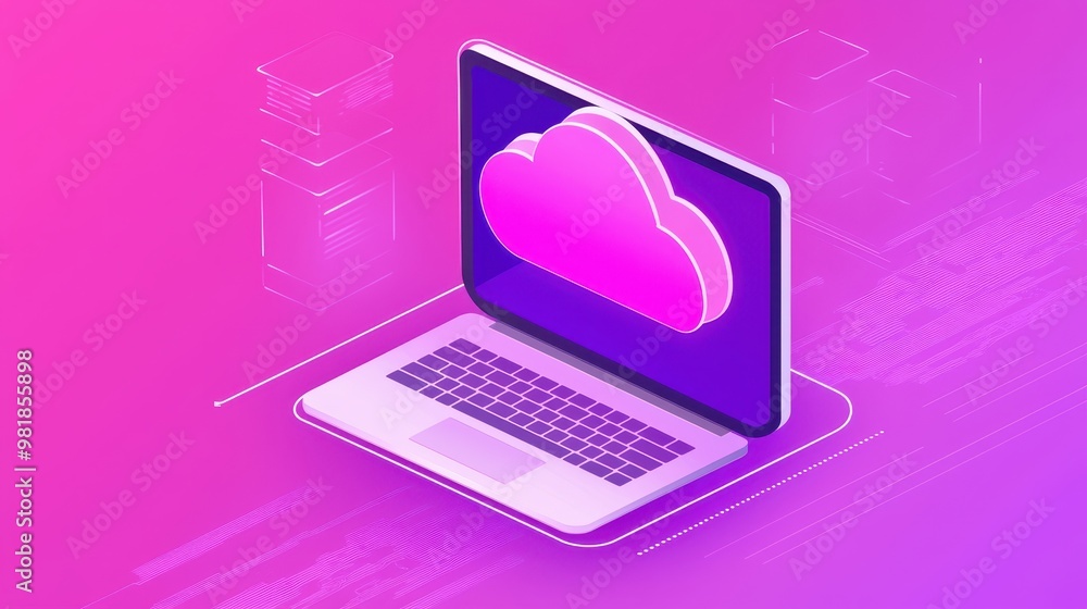 Poster laptop with cloud computing symbol on screen isometric view