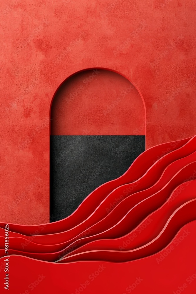 Poster modern abstract art with red waves and an archway. bright colors and geometric patterns create a dyn