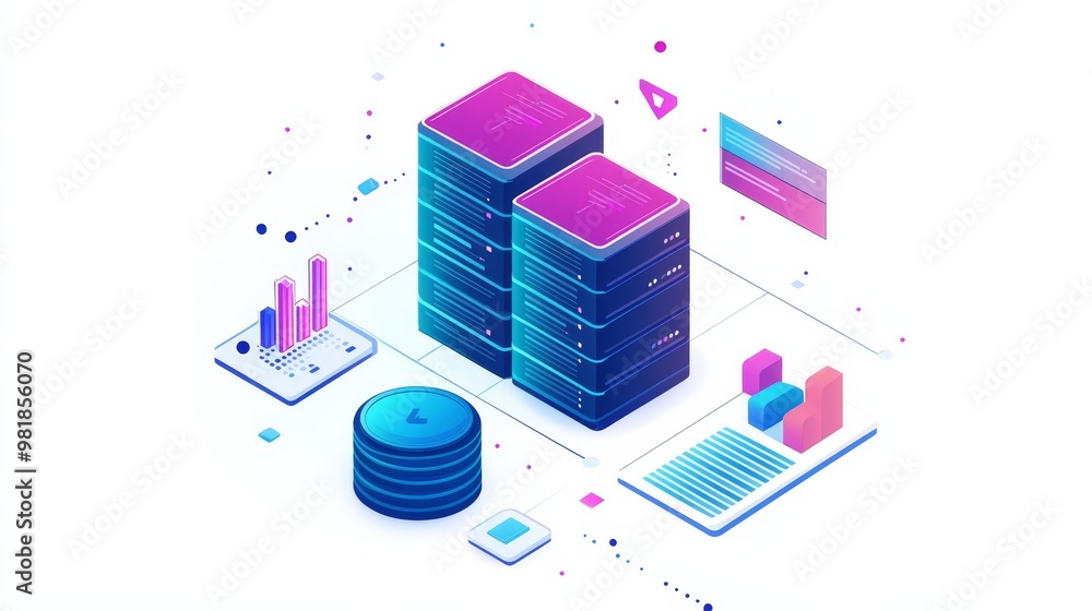 Poster isometric data server cloud hosting network technology illustration