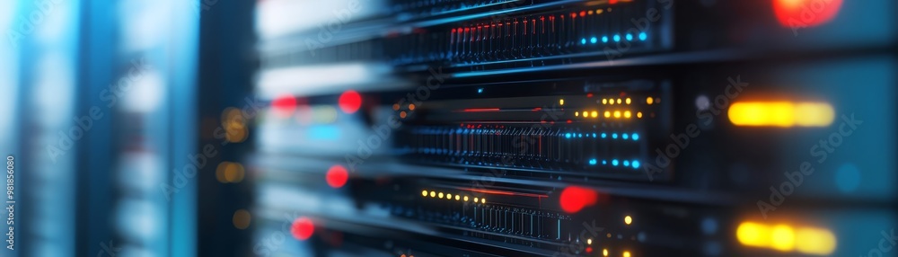 Poster server rack with lights and data center technology abstract