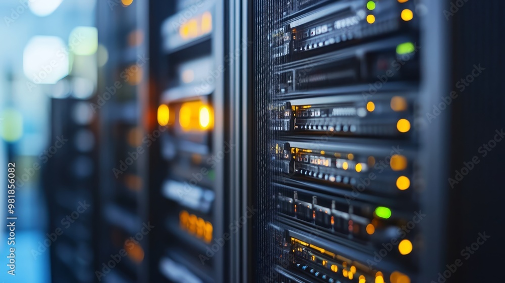 Poster server rack with blinking lights and network connections