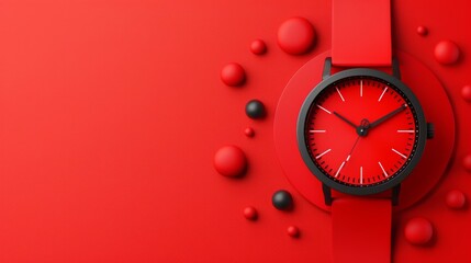 Minimalist red wristwatch with black accents on a red background, surrounded by geometric shapes. Modern design and fashion accessory concept.