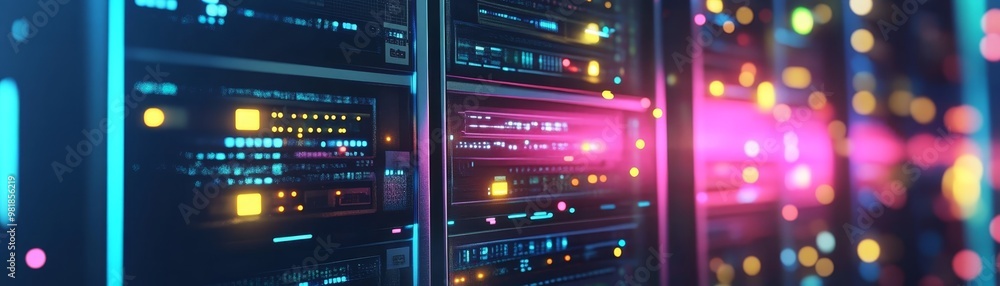 Poster data center server rack with neon lights and bokeh