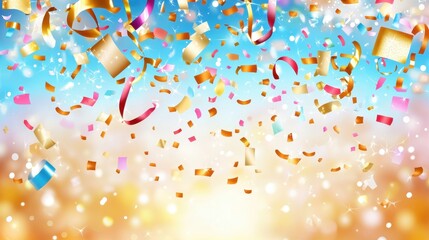 Golden Confetti and Ribbons Falling on a Soft Blue and Yellow Background