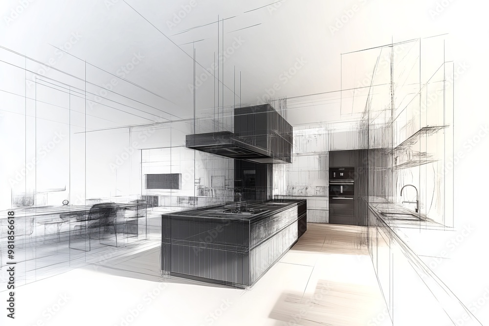 Poster a 3d rendering of an interior design kitchen with lines showing the layout and shapes.