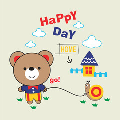 happy bear in garden design cartoon vector illustration