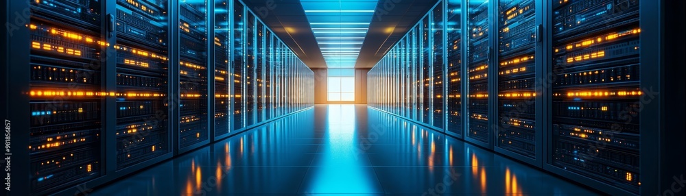 Poster server room interior data center technology infrastructure network security digital technology netwo