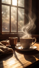 A cozy morning scene featuring a steaming cup of coffee on a wooden table, with sunlight streaming through a nearby window, creating a warm and inviting mobile wallpaper