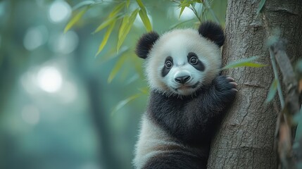 Obraz premium Close-Up of a Baby Giant Panda Hanging on a Bamboo Tree in the Forest – National Geographic-Style, Cinematic Ultra-Detailed Photography
