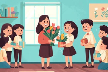Fototapeta premium Happy Children Celebrating Teacher Appreciation with Flowers – A Heartwarming Illustration of Gratitude and Joy in a Classroom Setting