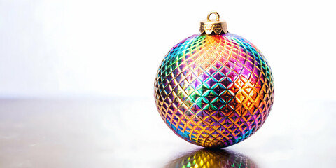 Fototapeta premium Close Up Macro Shot of Holographic Christmas Bauble with Intricate Patterns on White Background - Reflective Surface Symbolizing Holiday Joy