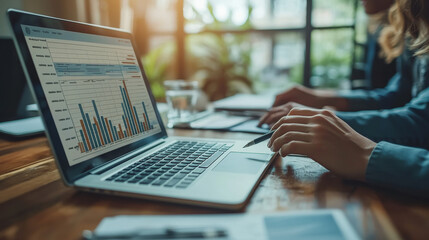 A woman's hand uses a stylus to interact with a laptop displaying a data graph.