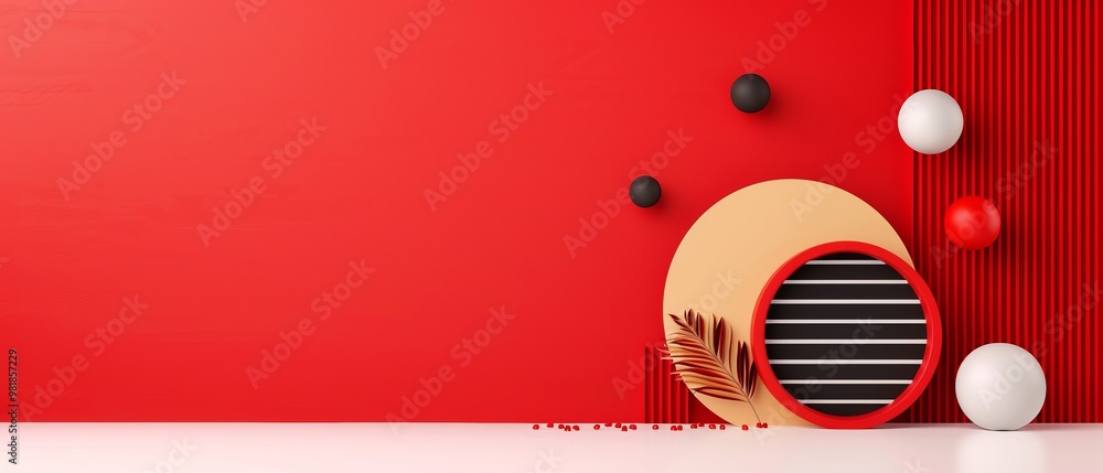 Poster modern red abstract background with geometric shapes, circles, and decorative elements in a minimali