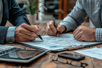 Two men review a document together.