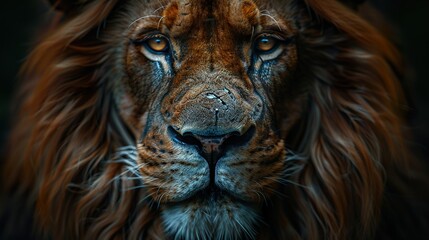 Naklejka premium Majestic Lion Portrait: Close Up of a Powerful Predator