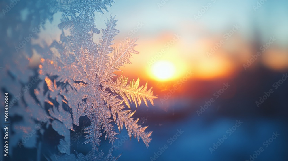 Poster a delicate snowflake pattern on a windowpane during sunset