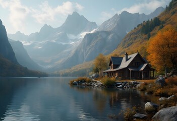 Fototapeta premium Tranquil Autumn Retreat, A Serene Lakeside Cabin Surrounded by Golden Foliage and Majestic Mountain Backdrop