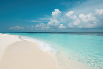 Azure ocean meets sandy cay with lush tropical vegetation under a cloudy sky in the Caribbean. Ocean waves gently break along the tranquil coast.