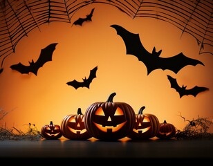Fototapeta premium Minimalist Halloween lighted pumpkin, with bat, and orange background, 3D rendering