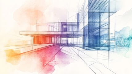 Fototapeta premium Watercolor Abstract Architecture Blueprint Sketch Design