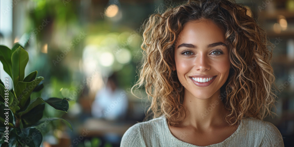 Poster smiling woman with curly hair.