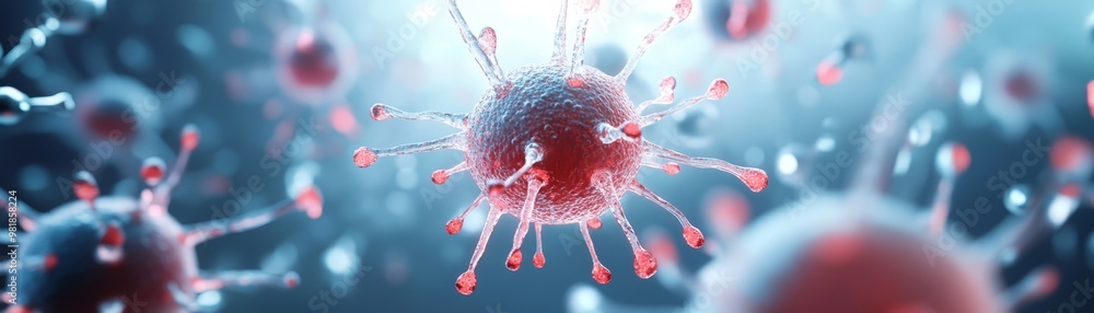 Poster 3d rendering of virus cell red and blue microscopic view