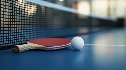 Close-up of a table tennis bat and ball on a blue table with a net in the background