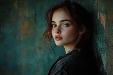 Fototapeta premium Young woman with air of mystery in modern casual style against vintage backdrop