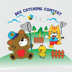Fototapeta premium bee catching contest design cartoon vector illustration