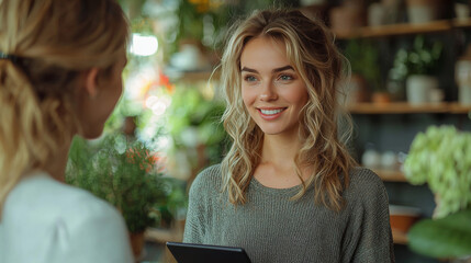 Young woman smiling at customer in a flower shop.