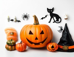 Cute background design for Halloween decorations of pumpkins, bats, spiders, and ghosts on white background top view. Happy Halloween greeting 