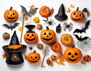 Cute background design for Halloween decorations of pumpkins, bats, spiders, and ghosts on white background top view. Happy Halloween greeting 