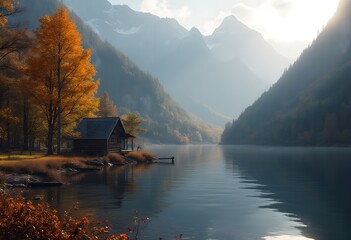 Fototapeta premium Tranquil Autumn Retreat, A Serene Lakeside Cabin Surrounded by Golden Foliage and Majestic Mountain Backdrop