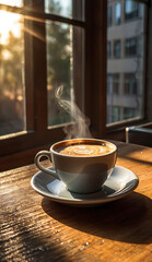 Obraz premium A cozy morning scene featuring a steaming cup of coffee on a wooden table, with sunlight streaming through a nearby window, creating a warm and inviting mobile wallpaper