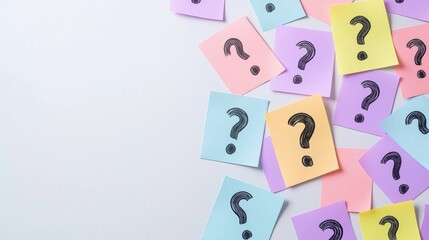 Colorful sticky notes, question marks isolated on a white background