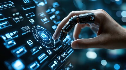 Fototapeta premium Cybernetic Hand Interacting with Futuristic Interface