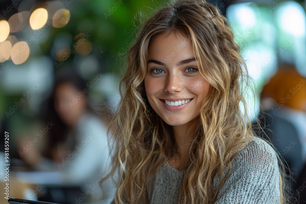 Canvas Prints Young woman with long blonde hair smiles in a cafe.