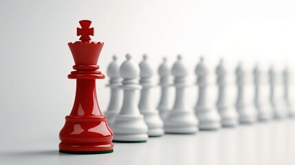 3D rendering of a red chess king piece leading a row of white pawns on a white background