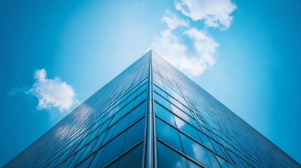 A tall building with a modern style and reflective glass windows, under a clear blue sky
