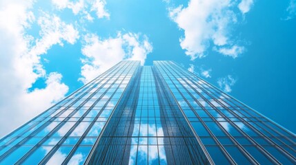 Fototapeta premium A tall building with a modern design and reflective glass windows, contrasting with the sky.