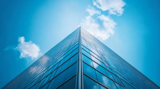 A tall building with a modern style and reflective glass windows, under a clear blue sky